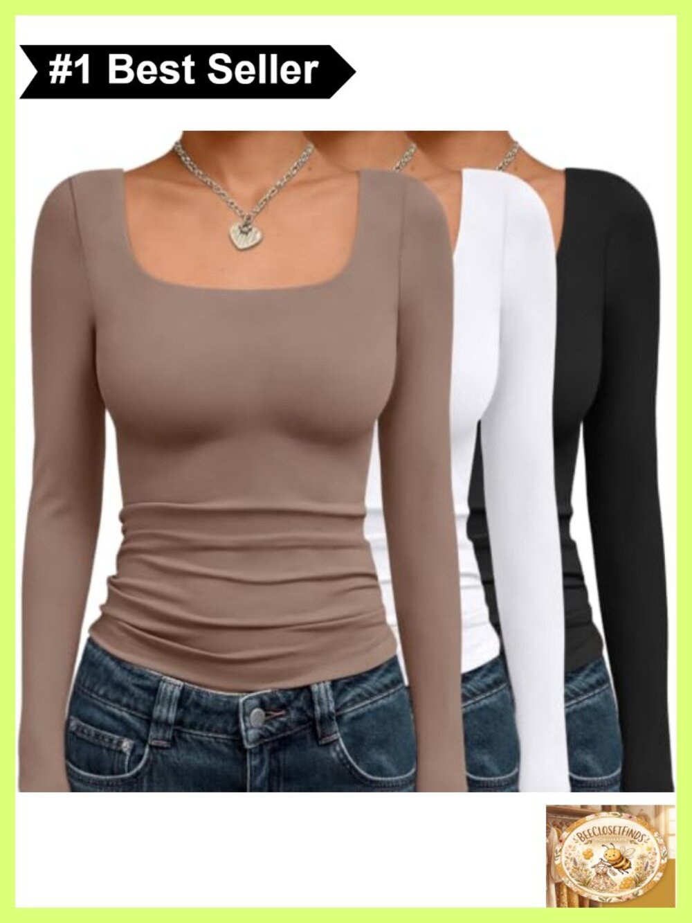 3 Pack Long Sleeve Scoop Neck Crop Top Slim Fit Stretch Knit Tee